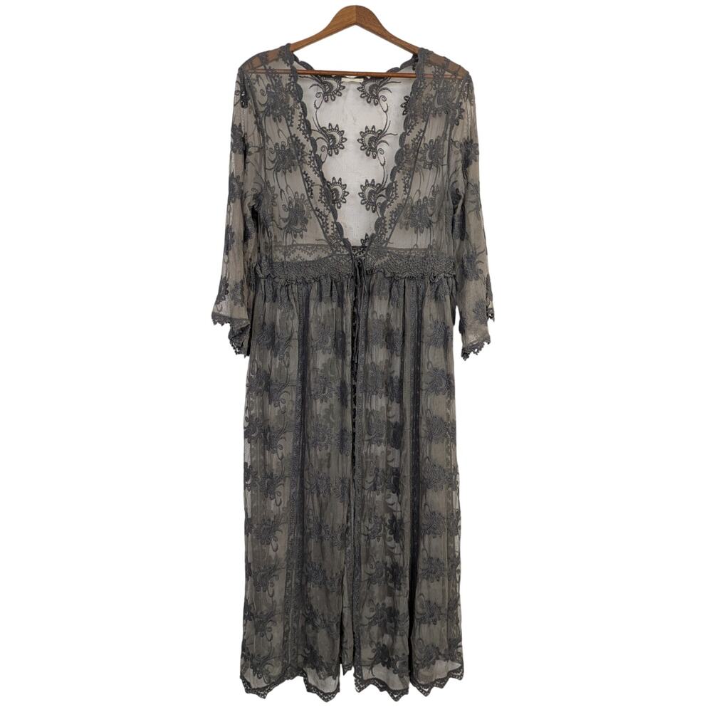 Boho Sheer Lace Duster Embroidered Grey Tie Front Western Witchy Womens Medium